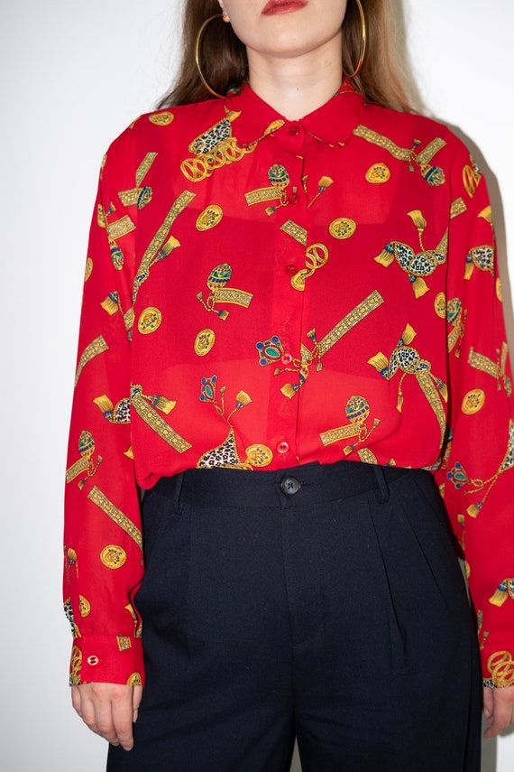 Vintage Red Baroque Pattern Blouse, Button Up Chi… - image 4
