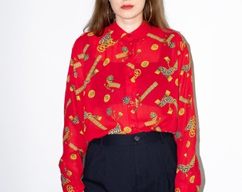 Vintage Red Baroque Pattern Blouse, Button Up Chic Shirt