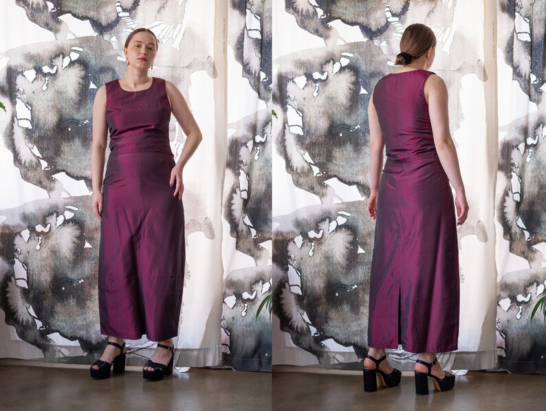 Vintage Maroon Shiny Skirt Set Two Piece Skirt Suit Size M-XL 90s