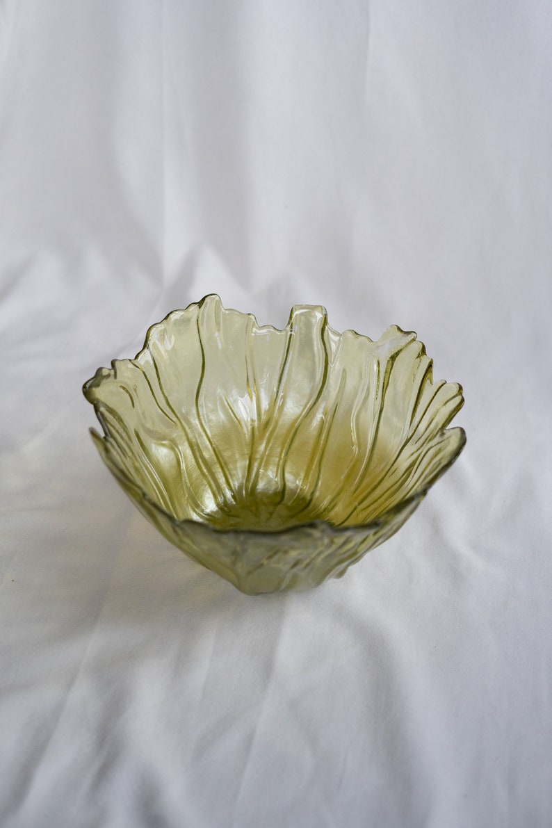 Vintage geel geperst glas kom, decoratieve catch all bowl afbeelding 6