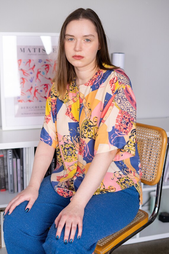 Vintage Patterned Silk Blouse, Colorful Oversized Button Down Shirt Size L 80s