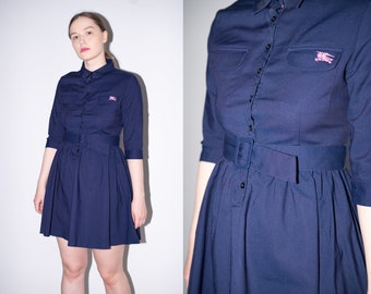 Blue Burberry Shirt Dress, Belted Navy Dress Size S