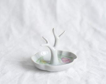 Vintage Ceramic Ring Tree, White Floral Ring Holder