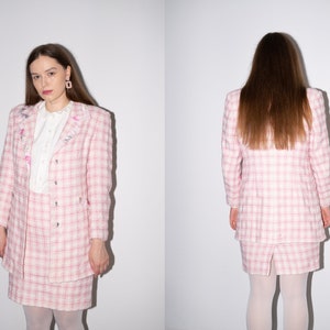 Vintage Pink Plaid Tweed Ladies Skirt Suit Size M