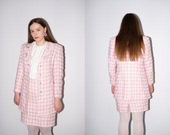 Tailleur jupe vintage rose à carreaux en tweed pour femme, taille M