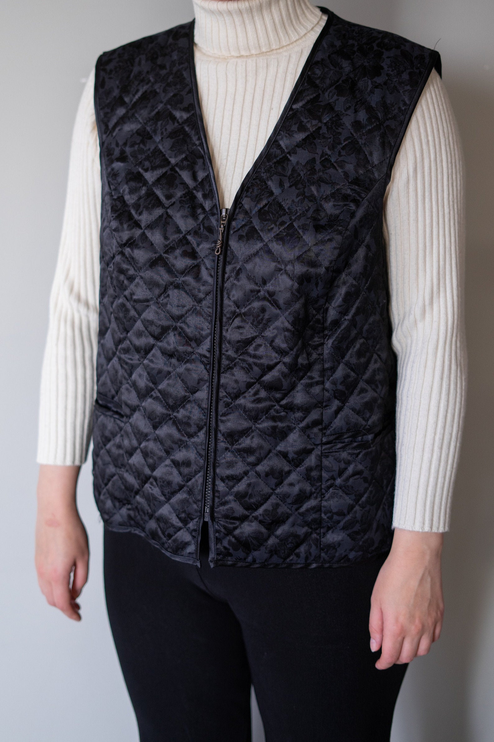 Vintage Black Satin Quilted Vest Oversized Floral Waistcoat Etsy