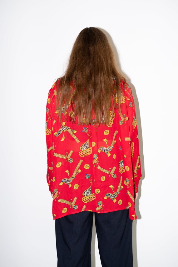 Vintage Red Baroque Pattern Blouse, Button Up Chi… - image 7