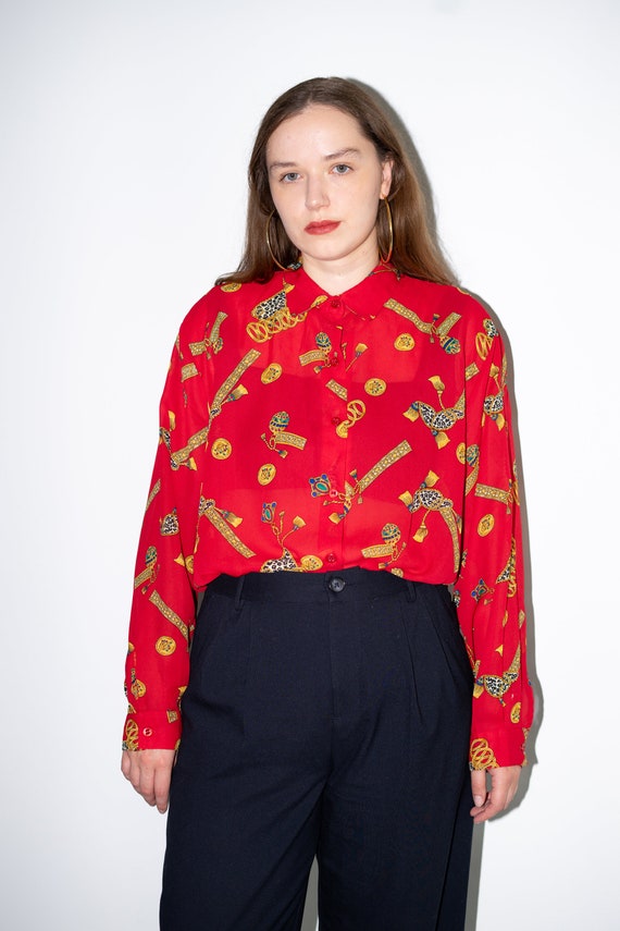 Vintage Red Baroque Pattern Blouse, Button Up Chi… - image 3