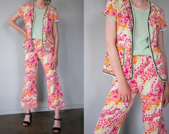 Vintage Blumen Hosenanzug, Paisley Boho Set Size XXS 60er Jahre
