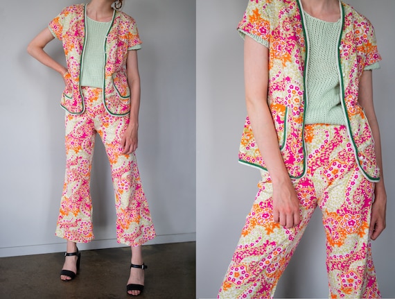 Vintage Floral Pants Suit, Paisley Boho Set Size XXS 60s