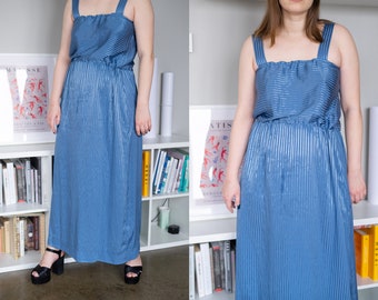 Vintage Blue Striped Satin Dress, Sleeveless Loose Long Dress Size M/L