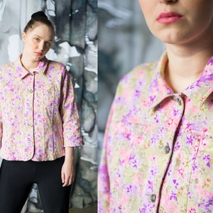 Vintage Pink Denim Jacket, Floral Jeans Y2K Size M/L