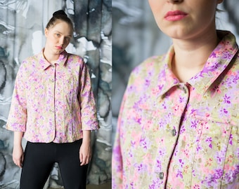 Vintage Pink Denim Jacket, Floral Jeans Y2K Size M/L
