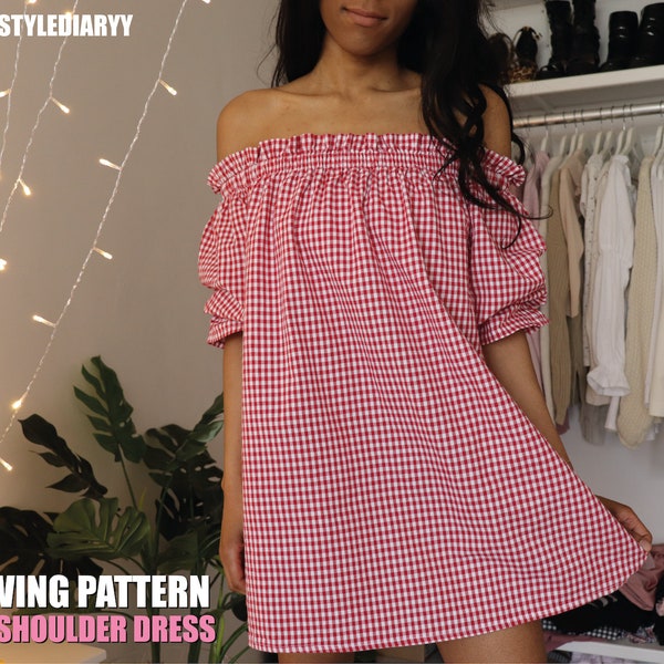 Off the shoulder dress sewing pattern for women with puffy ruffle sleeves, Digital PDF sewing pattern