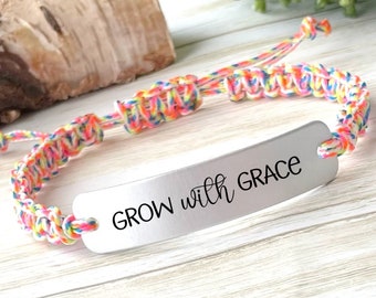 Engraved Aluminum Bracelet: Grow with Grace, Adjustable Cord