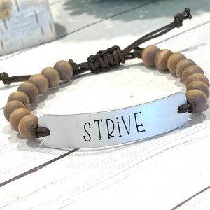 Engraved Aluminum Mantra Bracelet: Wood Bead Adjustable Cord