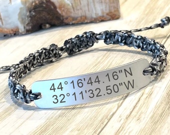 Engraved Latitude Longitude Bracelet: Personalized GPS Coordinates Gift