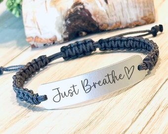 Engraved Aluminum Bracelet: 'Just Breathe' Adjustable Cord, Self Care Gift