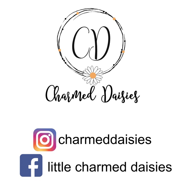 May include: A logo featuring the letters "CD" in a black, elegant script, encircled by a delicate black line adorned with small orange dots. Below, the words "Charmed Daisies" are written in a flowing script. Social media icons for Instagram and Facebook are also present.