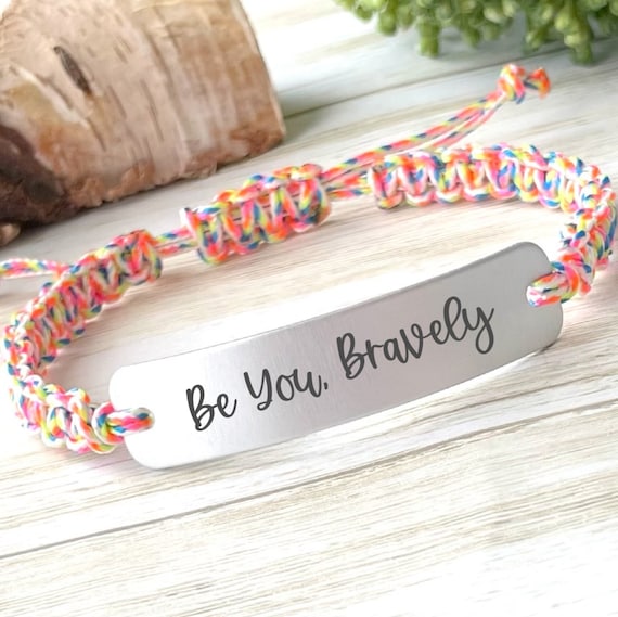 Mantra Bracelet: 'Be You Bravely' Engraved Aluminum, Adjustable Cord