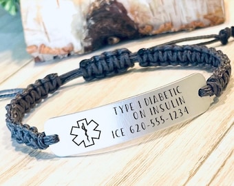 Laser Engraved Medical Alert Bracelet: Adjustable Nylon Cord
