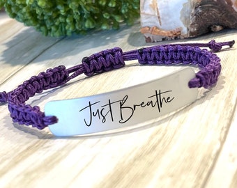 Engraved Aluminum Cord Bracelet: 'Just Breathe' - Inspirational Gift