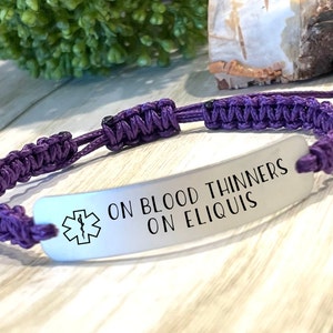 Medical ID Bracelet, Medical Alert Bracelet, Laser Engraved Bracelet, Awareness Bracelet, Adjustable Bracelet, Blood Thinner