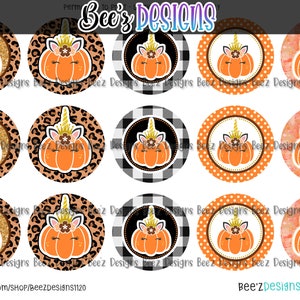 May include: Circular designs featuring a pumpkin with a unicorn horn and floral accents. The backgrounds include leopard print, buffalo check, polka dots, and glitter. The text "Bee'z Designs" and "Bee'zDesigns2021" are visible.