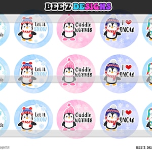 May include: A collection of round winter-themed stickers featuring cartoon penguins. Each penguin wears a hat and scarf, with phrases like "Baby it's cold outside," "Let it snow," and "Hello Winter" on a watercolor background.