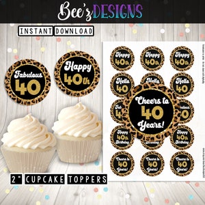 40th Birthday Animal Print PRINTABLE 2&quot; Inch Cupcake Toppers INSTANT DOWNLOAD