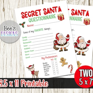 Secret Santa Questionnaire Christmas Gift Exchange Cards INSTANT DOWNLOAD