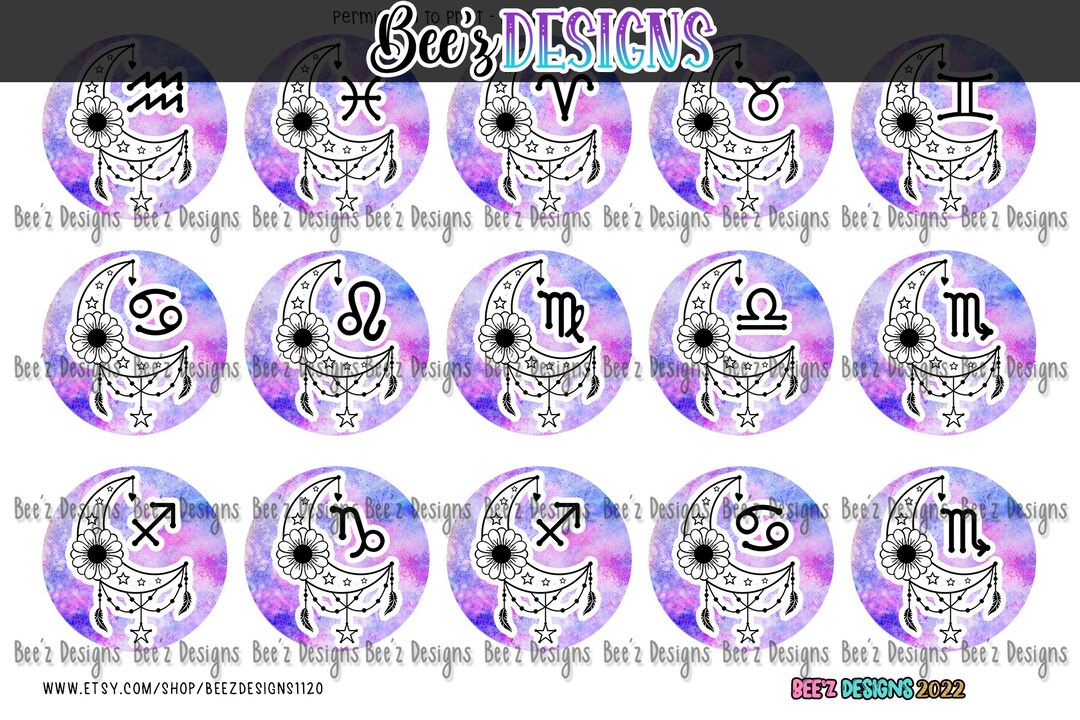Zodiac Moons Horoscope INSTANT DOWNLOAD 1 Inch Bottle Cap Images Etsy