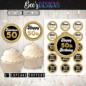 50 cumpleaños IMPRIMIBLE 2 &quot;pulgadas Cupcake Toppers DESCARGA INSTANTÁNEA