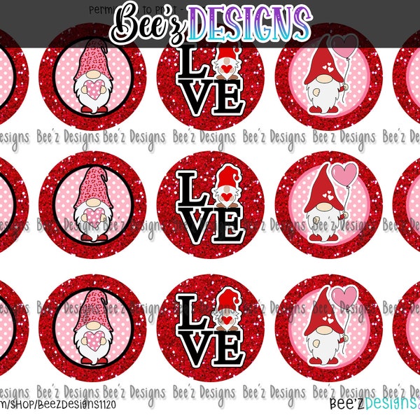 Valentine's Day Gnomes INSTANT DOWNLOAD 1 Inch Bottle Cap Images