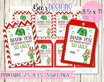 May include: Printable Christmas gift tags with a red and white chevron border. Each tag features a green sweater, musical notes, snowflakes, and a reindeer. Text reads "Thank you for making my party so ugly."