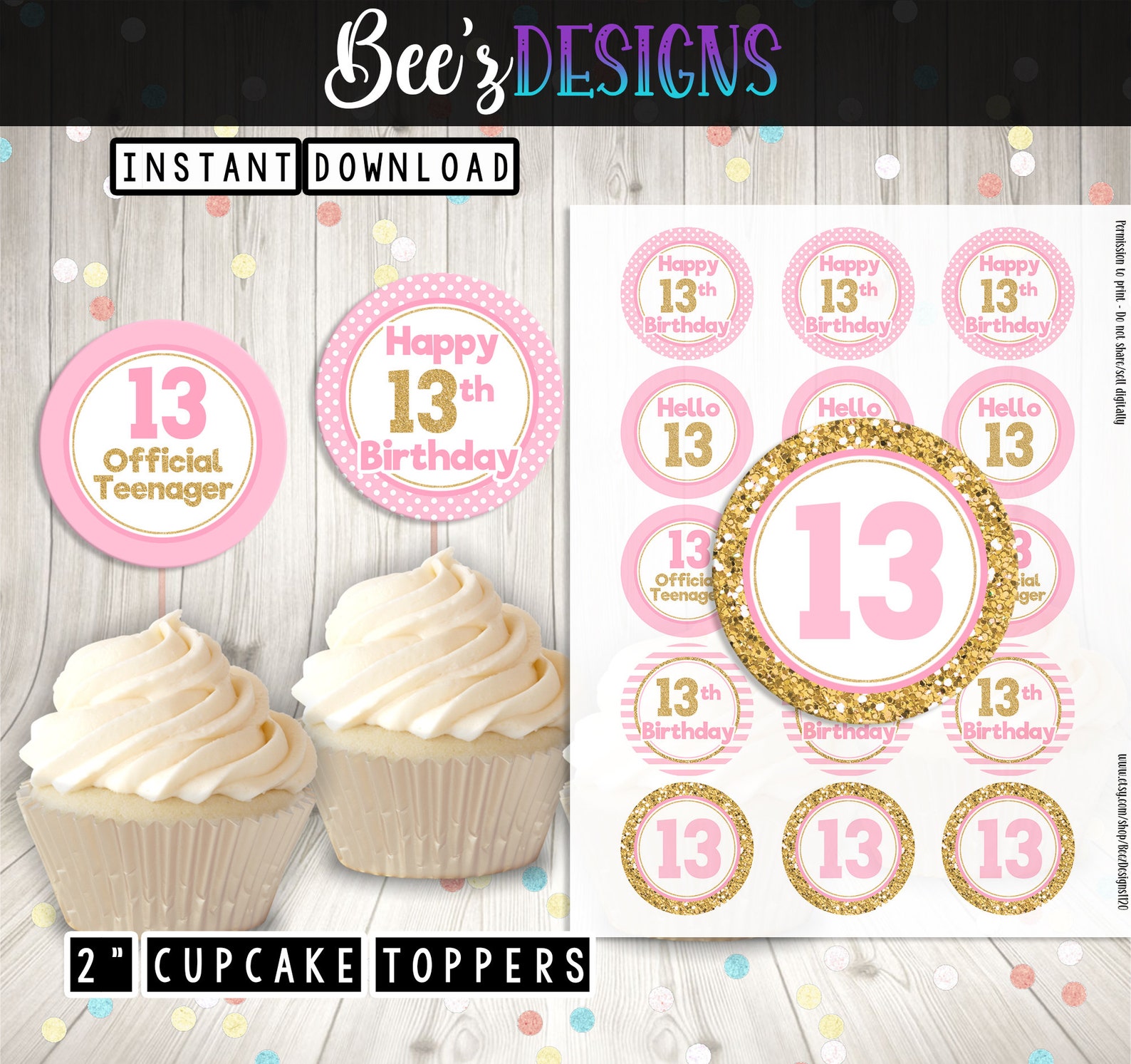 13th Birthday PRINTABLE 2 Inch Cupcake Toppers JPEG - Etsy
