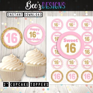 16th Birthday Sweet 16 PRINTABLE 2 Inch Cupcake Toppers JPEG