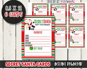 Puede incluir: Un conjunto de seis tarjetas de intercambio de regalos de Secret Santa, cada una con un borde festivo rojo, verde y blanco. Las tarjetas incluyen espacios para nombre, favoritos e ideas de regalos. Dimensiones: 21,6 x 27,9 cm.