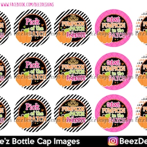 May include: Twelve printable bottle cap images featuring a pumpkin patch theme. The images include a pumpkin, a crown, and text that says "Cutest Pumpkin in the Patch", "Pick of the Patch", and "Pumpkin Patch Princess".