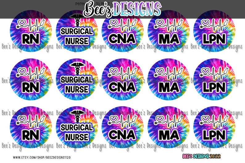 Nurses Tie-Dye INSTANT DOWNLOAD 1 Inch Bottle Cap Images image 1