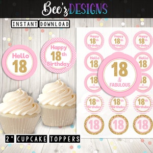 18th Birthday PRINTABLE 2 Inch Cupcake Toppers JPEG