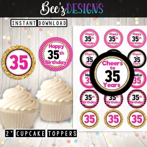 35th Birthday PRINTABLE 2 Inch Cupcake Toppers JPEG