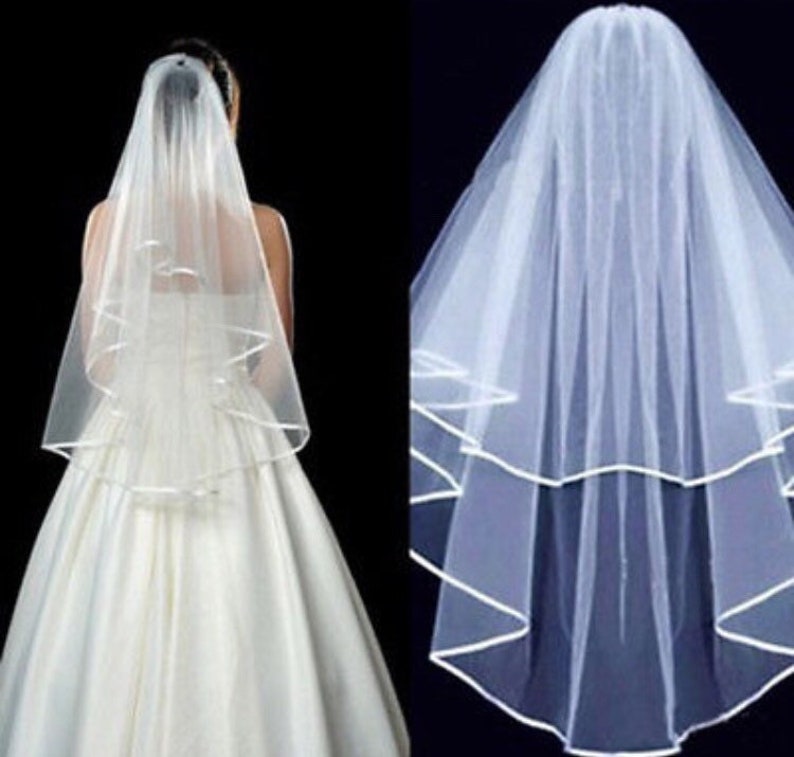 Ivory Wedding veil tulle and satin ribbon veil wedding veil satin ribbon edged veil double layer veil. ivory veil bridal veil