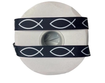 Jesus Fish Ribbon (Ichthys Symbol) 7/8&quot; grosgrain ribbon. DIY craft supply ribbon. Religious ribbon by the yard.Grosgrain Ribbon
