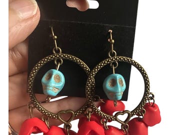 Red Rose Bud and Turquoise Skull Earrings