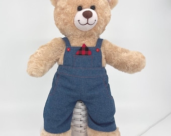 Teddy Bear Overalls, Blue Denim Dungarees, Red Knit T-Shirt