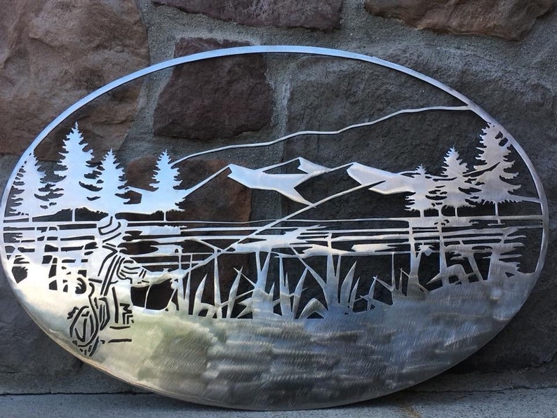 Fly Fishing Scene Metal Art Angler and Mountain Themed Steel Etsy