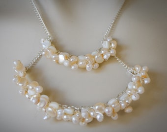 Double Crescent Pearl Cluster Pendant Necklace
