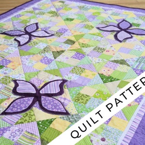 Baby girl quilt pattern digital PDF, purple patchwork & whimsical butterflies. Fat Quarters. Butterflies in the meadow.