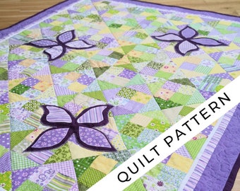 Baby girl quilt pattern digital PDF, purple patchwork & whimsical butterflies. Fat Quarters. Butterflies in the meadow.